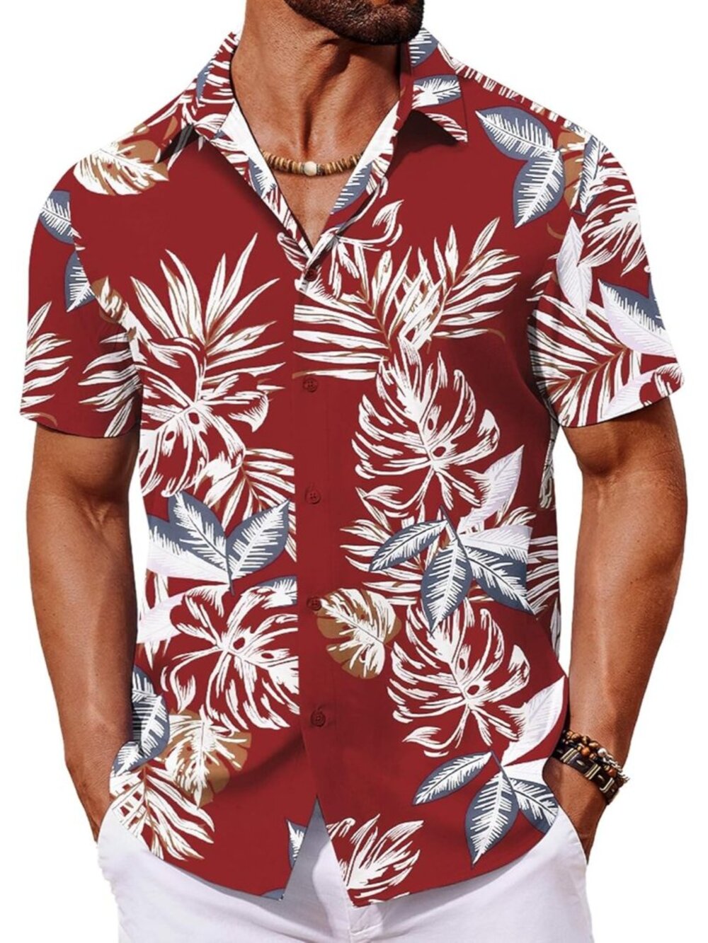 Men's Red Hawaiian Short Sleeve Tropical Floral Summer Button Down Shirts